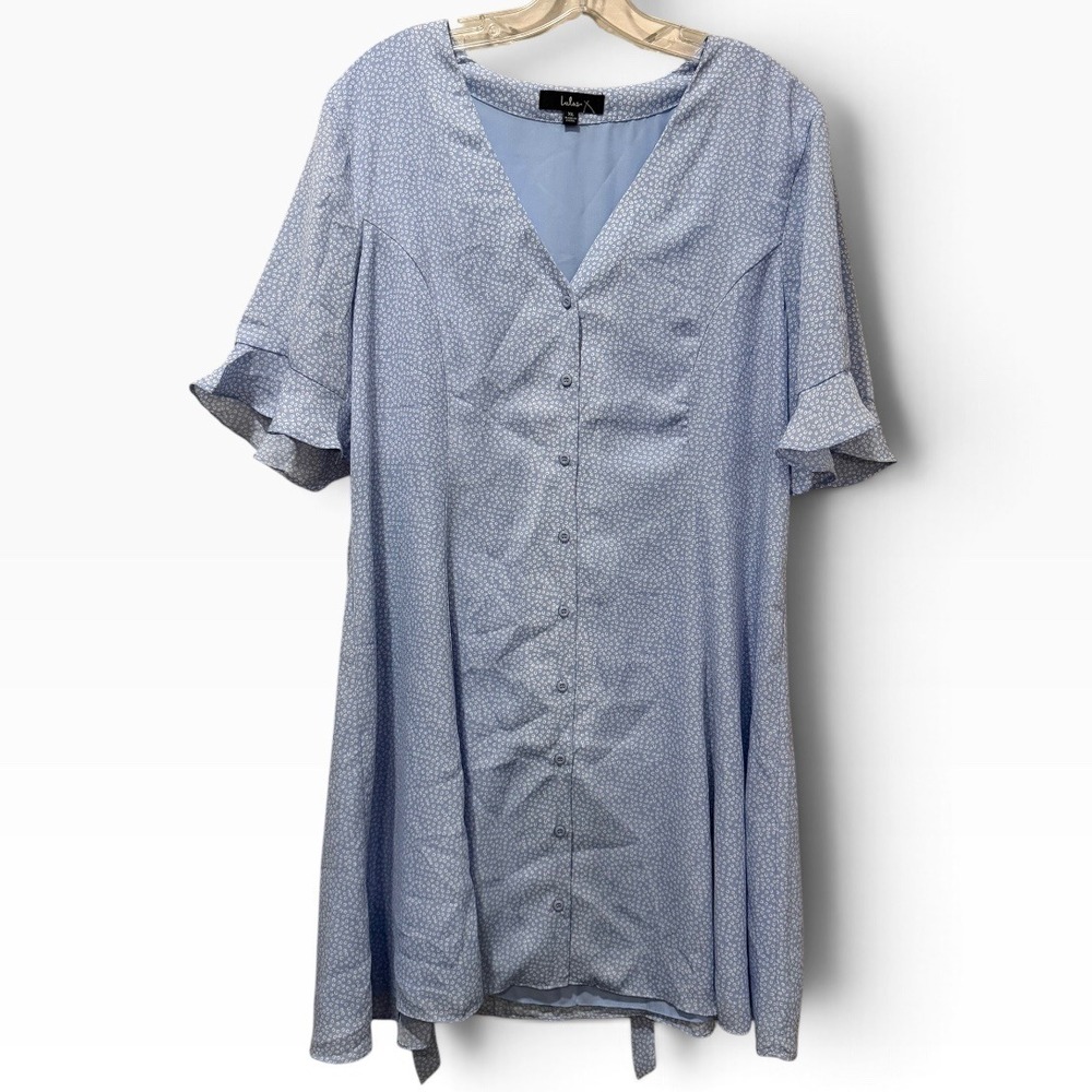 Lulus Blue White Animal Print Button Front Ruffle Sleeve Mini Dress XL